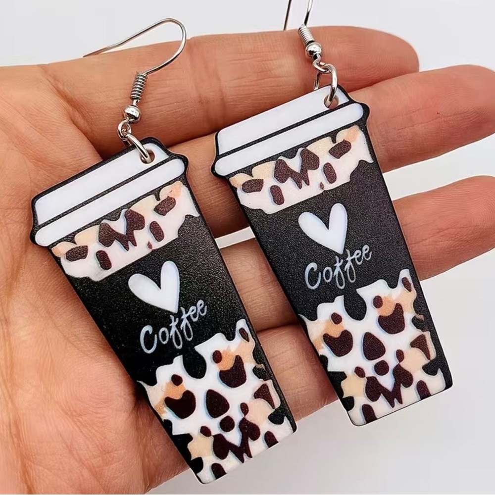 Leopard Heart Coffee Lovers Acrylic Earrings NWT